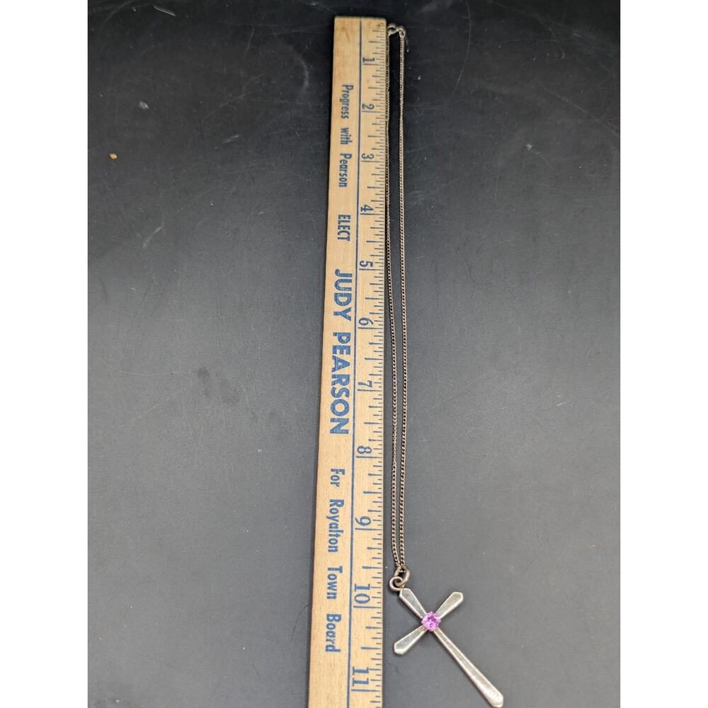 Vintage Art Deco Style 925 Pink Stone Cross Pendant Necklace Red UV Glows - Picture 10 of 12